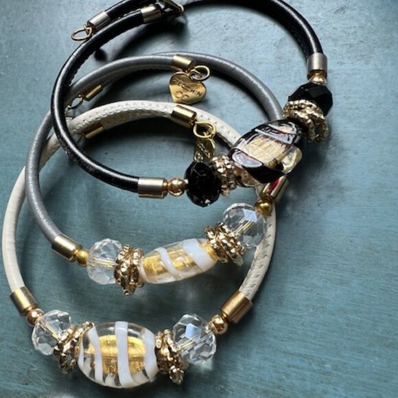 Murano Glass Bead, crystal and Leather Bracelets - Picture 2 of 9